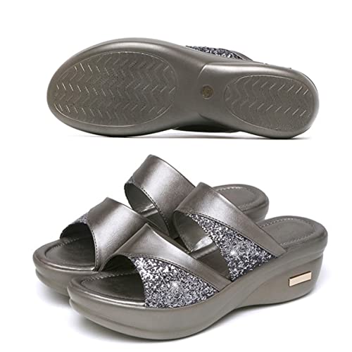 FRCOLOR Damen Sommer Wedgeslipper mit Dicker Keilsohle Offene Zehen Fischmaul Sandalen Graue Outdoor Pantoletten Bequeme Langlebige Slipper für Freizeit und Strand von FRCOLOR