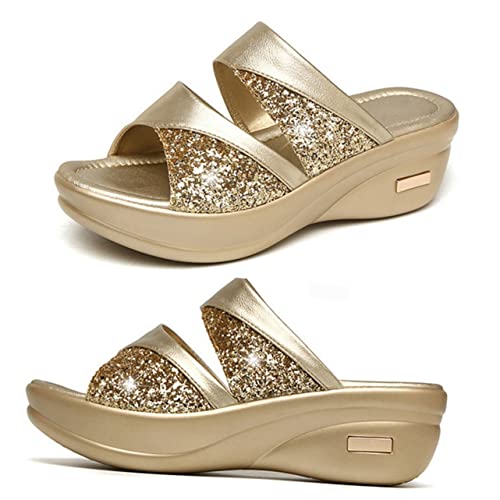 FRCOLOR Damen Sommerschuhe Keilabsatz Slipper mit Dicker Sohle Offene Fischmaul Sandalen Goldfarbene Outdoor Mom Schuhe Bequemes Casual Wedgeschuhwerk von FRCOLOR