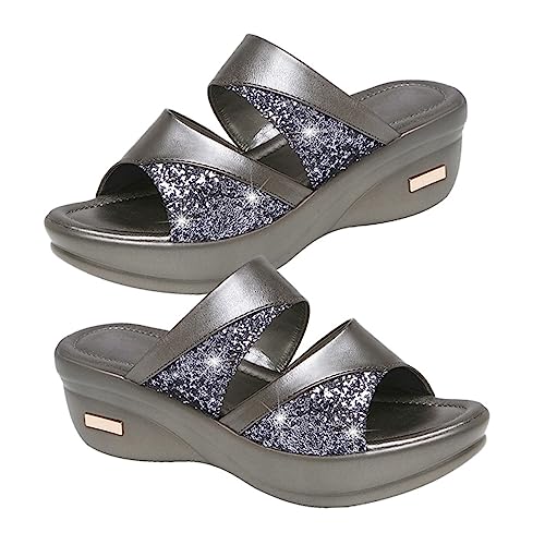 FRCOLOR Damen Sommerschuhe Keilabsatz Slipper mit Dicker Sohle Offene Zehen Fischmaul Sandalen Graue Freizeit Schuhe für Frauen Bequeme Outdoor Pantoletten Mom Shoes von FRCOLOR