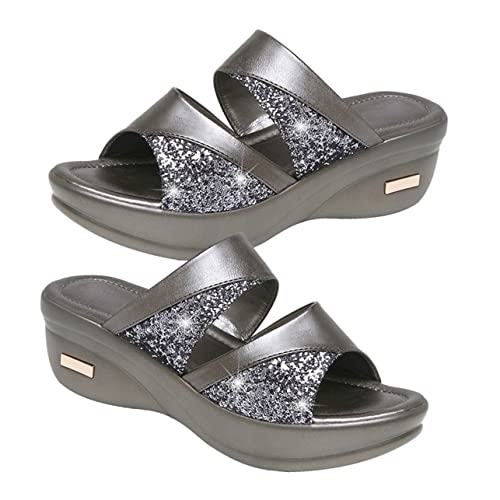 FRCOLOR Damen Sommerschuhe Wedges Slipper mit Dicker Keilsohle Stilvolle Fischmaul Design Casual und Strandtauglich Einfache Handhabung Glänzende Dekoration Langlebiges Material von FRCOLOR