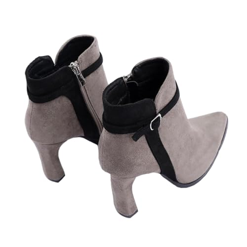 FRCOLOR Damen Stiefeletten mit Absatz Kurzschaft Wildleder Boots Spitzzehe Chunky Heel Stylische Knöchelhohe Schuhe für Herbst Winter in Hellgrau von FRCOLOR