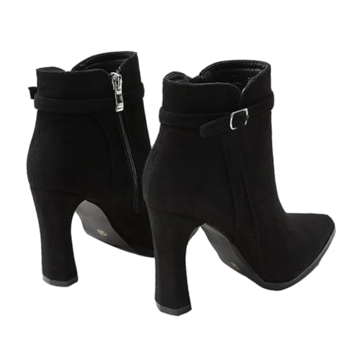 FRCOLOR Damen Stiefeletten mit Blockabsatz aus Hochwertigem Wildleder Kurze Ankle Boots mit Spitzem Zehenbereich Atmungsaktiv Robust und Elegant für Herbst und Winter von FRCOLOR