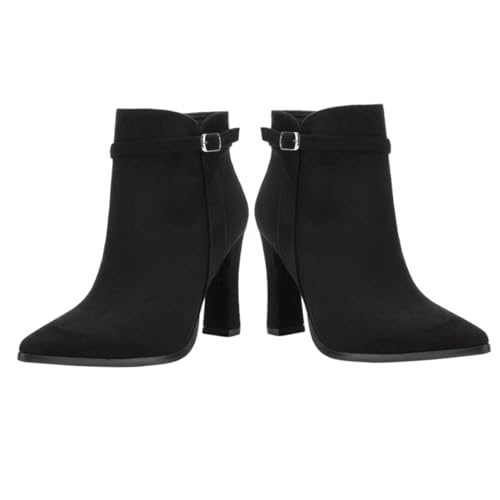 FRCOLOR Damen Stiefeletten mit Dickem Absatz Kurzschaft Boots Spitze Zehen Stabiler Blockabsatz und Rutschfest Geeignet für Herbst Winter Schwarzes Veloursleder von FRCOLOR