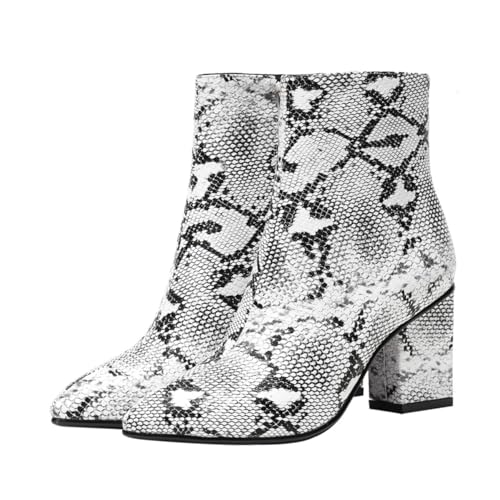 FRCOLOR Damen Stiefeletten mit Hohem Absatz Spitz Zulaufend Snake print Grober Absatz Weiße Kurzstiefel Rutschfest Atmungsaktiv Modisch für Herbst und Winter von FRCOLOR
