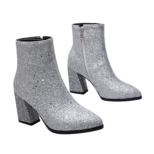 FRCOLOR Damen Stiefeletten mit Pailletten Spitz Zulaufend Chunky Hoof Heel Rutschfeste Sohle Kurzer Schaft Seitlicher Reißverschluss Silber Kurzschaft Boots für Herbst Winter von FRCOLOR
