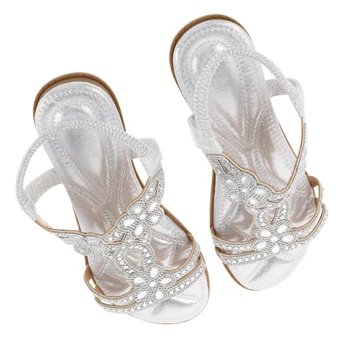 FRCOLOR Damen Strass Sandalen Silber Glitzernde Bequeme Sommerschuhe mit Rhinestones Atmungsaktive Vielseitige Freizeit und Strand Sandaletten für Shopping und Reisen von FRCOLOR