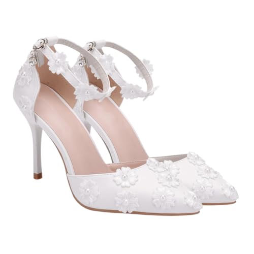 FRCOLOR Elegante High heel Sandalen Damen Weiß Spitzenverschluss Stilvoll Hochzeit Abend Party Schuhe Komfortabel und Einfach Anzuziehen von FRCOLOR