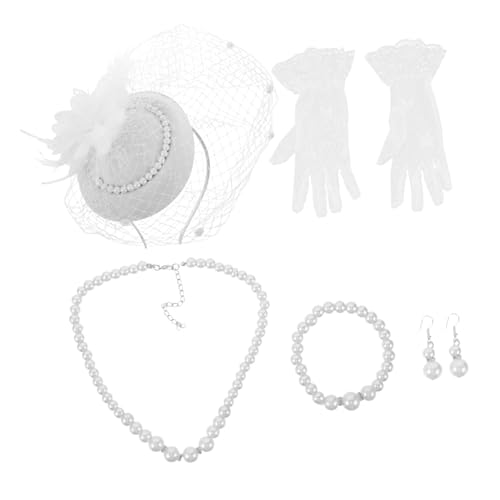 FRCOLOR Elegantes Damen Tea Party Weiß mit Fascinator Haarschmuck Spitzenhandschuhen und Perlenarmband Komfortabel Vielseitig für Hochzeit und Festliche Anlässe Geeignet von FRCOLOR