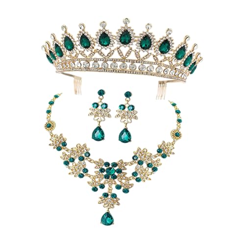 FRCOLOR Elegantes Teiliges Brautschmuck Set mit Krone aus Legierung Halskette und Ohrringen Grün Stilvolle Hochzeits und Partyaccessoires für Damen Perfektes für Frauen von FRCOLOR
