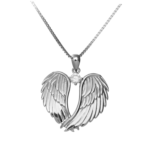 FRCOLOR Engelsflügel Halskette Damen Herz Anhänger Schutzengel Schmuck mit Geburtsstein Silber Kette für Frauen Alltag Valentinstag von FRCOLOR