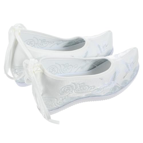 FRCOLOR Ethnische Bestickte Stoffschuhe Damen Weiß mit Keilabsatz Bequeme Nationale Mode Verlängern Beine Leichte rutschfeste Sohle Passend zu Casual und Formellen Outfits von FRCOLOR