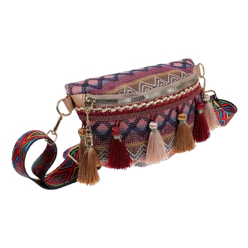 FRCOLOR Ethnische Kleine Umhängetasche Damen Bauchtasche mit Großer Kapazität Verstellbarem Breitem Gurt Vielseitig Tragbar und Strapazierfähig Modische Brusttasche in Weinrot von FRCOLOR