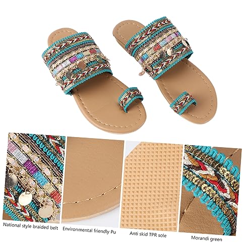 FRCOLOR Flache Damen Sandalen Sommer Boho Stil Leichte Strapazierfähige Slipper mit Flachem Boden Rutschfest Bequeme Sommerschuhe für Strand Reise Freizeit Grün von FRCOLOR