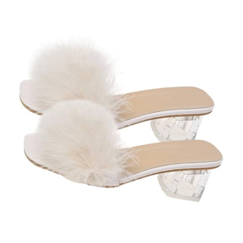 FRCOLOR Flauschige Damen Slippers mit Grobem Blockabsatz Leichte Rutschfeste Sommerschuhe für Alltag Party und Formelle Anlässe Modische Bequeme Sandalen in Beige von FRCOLOR