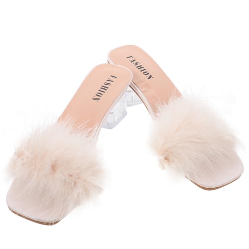 FRCOLOR Fluffy Heels Damen Hausschuhe mit Komfort Innensohle Modische Sommer Sandalen mit Offenem Zeh Rutschfest Leicht für Party Arbeit Alltag Stilvoll und Vielseitig Kombinierbar von FRCOLOR