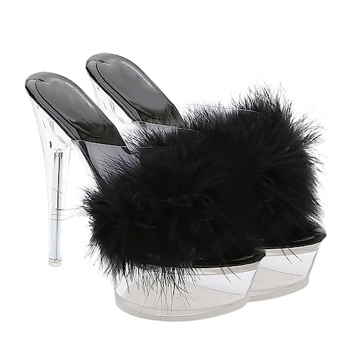 FRCOLOR Fluffy High Heel Sandalen Damen Hausschuhe mit Dünnem Absatz Modisch Sommerlich Stilvoll Schwarz von FRCOLOR