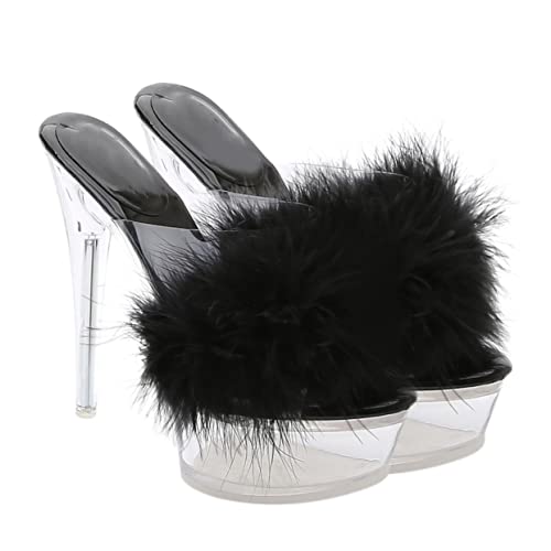 FRCOLOR Fluffy High Heel Slippers Damen Sandalen Transparent Thin Heels Hausschuhe für Mädchen Plattform Slippers Schwarz von FRCOLOR