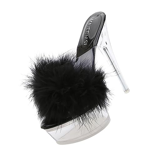 FRCOLOR Fluffy High Heel Slippers Damen Sandalen mit Dünnem Absatz Transparente Riemchen Kuschelige Sommerschuhe für Mädchen Geeignet für Jeans Shorts und Kleider Geschenkidee von FRCOLOR