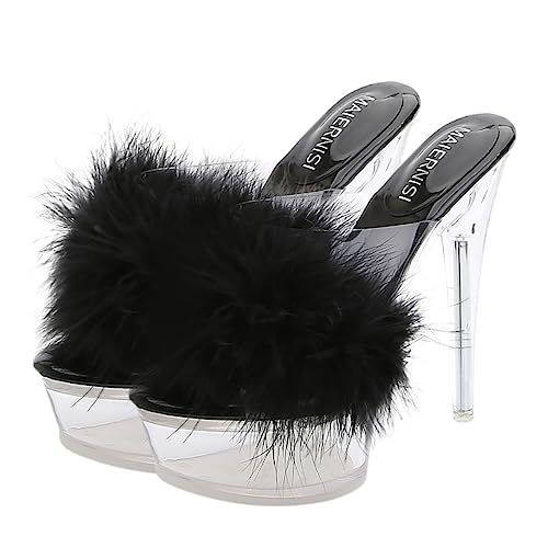 FRCOLOR High Heels Sandalen Hausschuhe Damen Flauschige Dünne Absätze Transparente Plattform Größe 38 Modisch Bequem für Zuhause von FRCOLOR