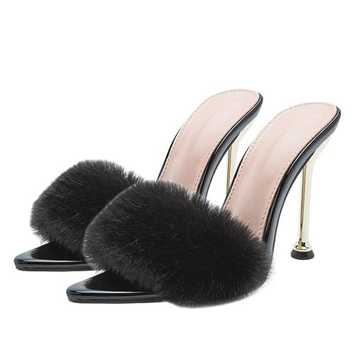 FRCOLOR Fluffy Sandalen Damen Sommer Leichte Stylische High Heels mit Dünnem Absatz Komfortable Sandaletten für Mädchen Langlebiges Material Bequeme Sohle Schwarz von FRCOLOR