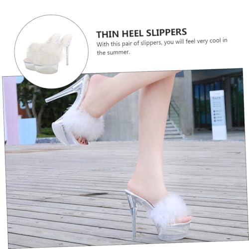 FRCOLOR Fluffy Slippers Damen Dünner Absatz Sandalen Sommer Hausschuhe Kuschelig Flauschig Modisch Für Freizeit Jeans Shorts Kleider von FRCOLOR