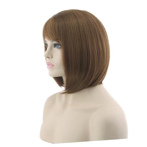 FRCOLOR Frauen Bob Perücke Cosplay Synthetische Haarperücke Kurze Glatte Wigs Für Partys Halloween Und Alltag Braun Natürliches Aussehen Handgefertigt Atmungsaktiv Waschbar von FRCOLOR