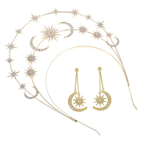 FRCOLOR Göttinnen Stirnband mit Stern und Mondmotiv Goldfarbenes Dreilagiges Haarschmuck Set mit Passenden Ohrringen Eleganter Hochzeitsschmuck für Braut und Festliche Anlässe von FRCOLOR