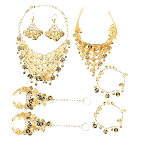 FRCOLOR Goldfarbenes Bauchtanz Schmuck Set für Frauen mit Kopfkette Halskette Armbändern Fußkettchen und Ohrringen Komplettes Accessoires Ensemble für Bühnenauftritte Festivals und von FRCOLOR