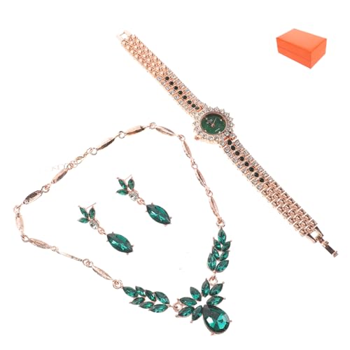 FRCOLOR Grüne Halskette Und Ohrringe Set Für Damen Zierliche Strassuhr Mit Sternenhimmel-zifferblattdesign Hochzeitskette Und Brautjungfern-schmuckset von FRCOLOR
