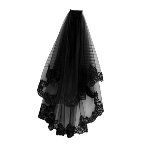 FRCOLOR Halloween Kopfschmuck Damen Spitzenkurzschleier mit Festem Kamm Zarter Spitzenbesatz Retro Stil für Gruselige Kostümparty Bachelorette Cosplay und Fotoshootings Schwarz von FRCOLOR