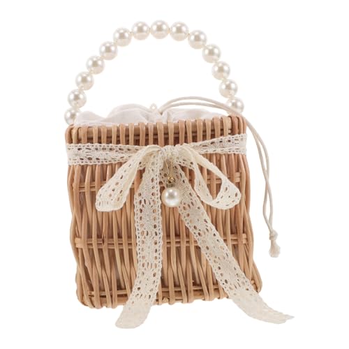FRCOLOR Handgewebte Damen Rattan Tasche mit Faux Perlenkette Quadratische Strohtasche mit Schleifen Kleine Boho Umhängetasche für Hochzeit und Sommerurlaub von FRCOLOR