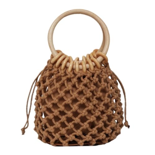 FRCOLOR Holzgriff Handtasche Damen Rund Gewebte Strandtasche Vintage Stil Sommer Reise Tasche für Camping Party Alltag mit Geräumigem Innenfach für Handy Geldbörse und Make up von FRCOLOR