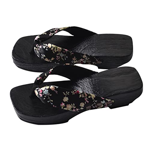FRCOLOR Japanische Damen Holzclogs Sandalen Sommer Hausschuhe mit Rutschfester Sohle Bequeme Freizeit Badeschuhe für Innen und Außen Schwarz Satin von FRCOLOR
