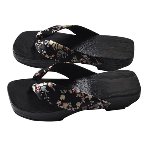 FRCOLOR Japanische Damen Holzclogs Sandalen mit Flacher Sohle Rutschfest Atmungsaktiv Modisch Komfortabel für Sommer Strand und Freizeit Schwarzes Satin Design von FRCOLOR