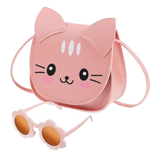 FRCOLOR Kindertasche Mädchen Katzenmotiv Crossbody Schultertasche mit Süßer Katzenform und Verstellbarem Riemen Farblich Passender Sonnenbrille mit Sonnenblumenmotiv Dekorative von FRCOLOR