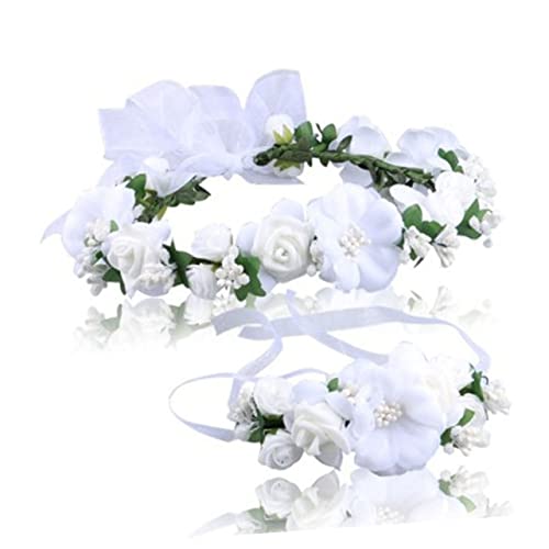 FRCOLOR Tiara Kopfschmuck Hochzeit Haarband Kopfbedeckungen Für Die Braut Blumenstirnbänder Für Mädchen Kind Weiß Armband Blumenmädchen Brautkopfbedeckung von FRCOLOR