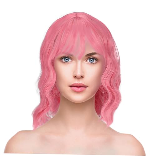 FRCOLOR Kurze Haarperücke Für Frauen Rosa Lockenperücke Mit Pastellrosa Perücke Schulterlang Wellige Perücke Für Verschiedene Anlässe von FRCOLOR
