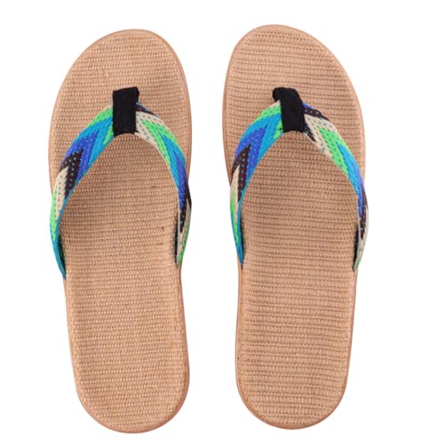 FRCOLOR Lässige Blau Grüne Gepaarte Leinen Sandalen Rutschfeste Flip Flops mit Flacher Sohle Bequeme Hausschuhe für Strand Zuhause und Freizeit von FRCOLOR