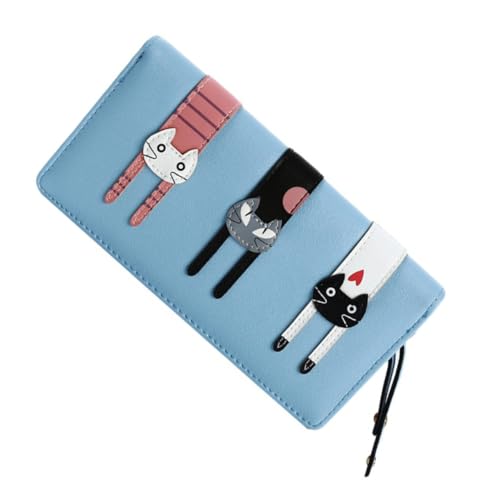 FRCOLOR Langes Damen Portemonnaie PU Material Cartoon Katze Design Reißverschluss Geldbörse für Münzen Karten Kleingeld Organizer Hellblau Robust und Geräumig für Alltag und von FRCOLOR