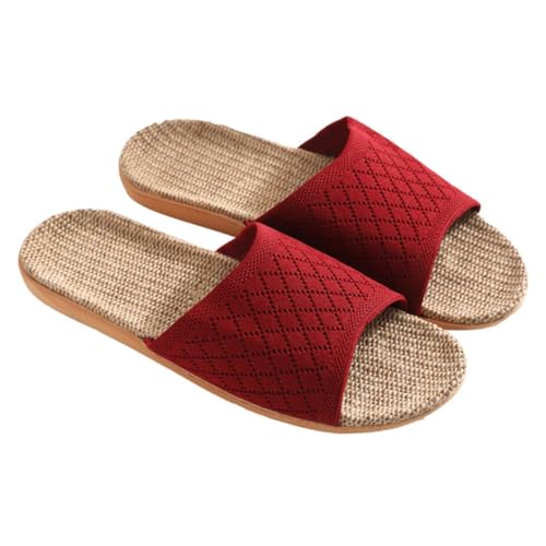 FRCOLOR Leichte Atmungsaktive Leinenschuhe für Frühling und Sommer Schweißabsorbierende Rutschfeste Hausschuhe mit Schlichtem Design Schonend für Böden für Innenbereich Rot von FRCOLOR