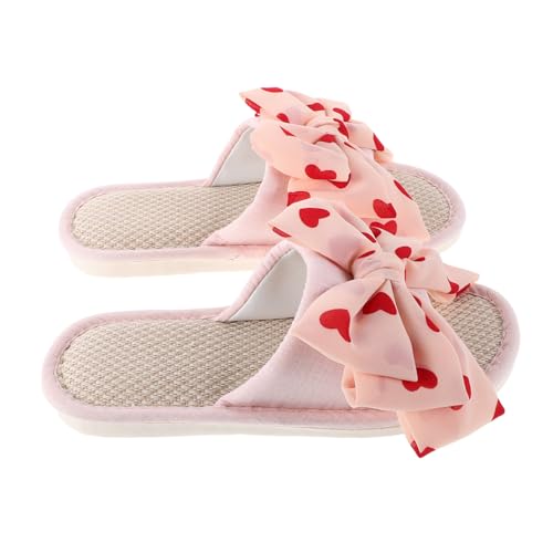 FRCOLOR Leichte Damen Hausschuhe aus Atmungsaktivem Leinen mit Herzschleife Offene Zehen Rutschfeste Gummisohle Sommerliche Pantoletten für Drinnen Bequeme Leise Stoffslipper von FRCOLOR