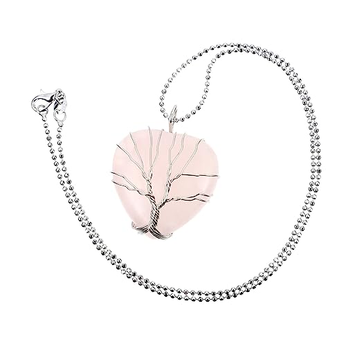 FRCOLOR Natürliche Herzförmige Halskette Damen Schmuck Rosequarz Lebensbaum Anhänger für Partnerin Geburtstag Muttertag Valentinstag von FRCOLOR