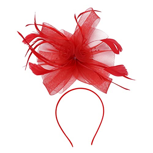 FRCOLOR Netz Garn Haaraccessoire für Damen und Mädchen Handgefertigtes Federn Stirnband Rot Stilvolles Kopfschmuck für Festliche Anlässe und Besondere Events von FRCOLOR