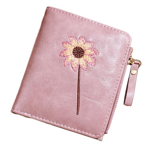 FRCOLOR PU Geldbörse Damen Kurzformat mit Blumenmuster Faltbare Münzbörse mit Reißverschluss Kompakte Damen Geldbeutel für Karten und Kleingeld Strapazierfähige Leichte Portemonnaie Rosa von FRCOLOR