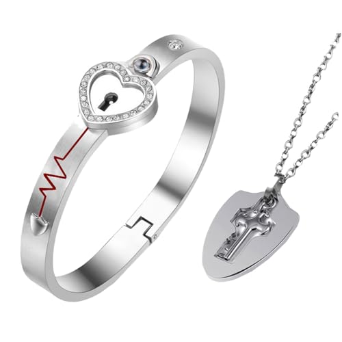 FRCOLOR Pärchen Armband und Schlüssel Halskette Set mit Herzanhänger Teiliges Edelstahl Schmuck Set für Valentinstag Kreative Projektion Liebe in Sprachen Modisches von FRCOLOR