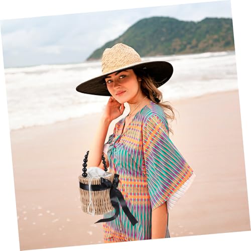 FRCOLOR Perlenkette Handgewebte Umhängetasche Damen Strohtasche mit Kordelzug Innenbeutel Schultertasche für Party Strand Urlaub von FRCOLOR