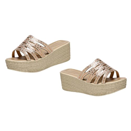 FRCOLOR Platform Sandalen Damen Keilabsatz Glitzer Wedges Modische Außen Tragen Bequeme Sommerschuhe für Arbeit Freizeit und Dating Gold von FRCOLOR