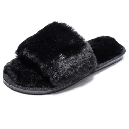 FRCOLOR Plüsch Hausschuhe mit Rutschfester Weicher Sohle Kuschelige Schwarze Wohnpantoffeln Atmungsaktiv und Langlebig Bequeme Indoor Schuhe für Damen und Herren von FRCOLOR