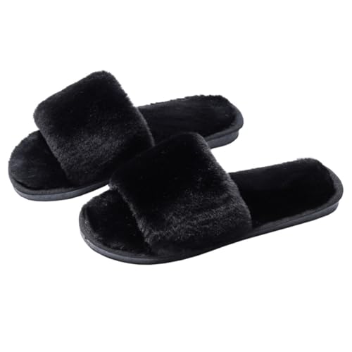 FRCOLOR Plüschige Weiche Hausschuhe Damen mit Rutschfester Sohle Anti rutsch Slipper für Innenbereich Atmungsaktive Bequeme Fußbekleidung Schwarz Flauschige Leichte Fußbettschuhe von FRCOLOR
