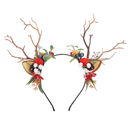 FRCOLOR Rentier Geweih Haarreif mit Blumen Weihnachten Stirnband Haarschmuck Elchgeweih Kopfschmuck Elch Kopfbedeckung Kinder Mädchen Damen Party Foto Requisiten Kostüm Zubehör von FRCOLOR